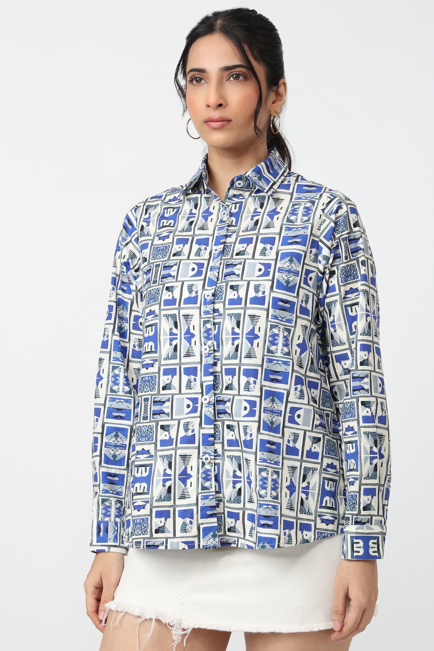 Blue & White Geometric Print Shirt