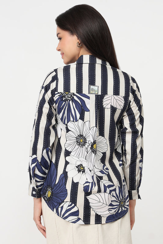 Black Bloom Shirt – women's black scenic print shirt, back view on model