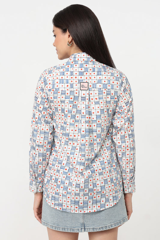 Confetti Check Shirt – blue check and coral dot print cotton shirt, alternate angle on model