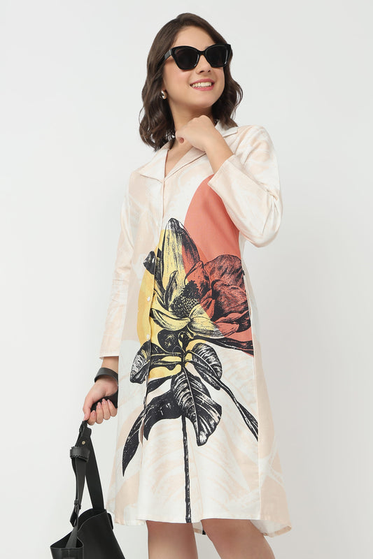 Blush Bloom organic cotton satin midi A-line dress for women with V-neck and floral print