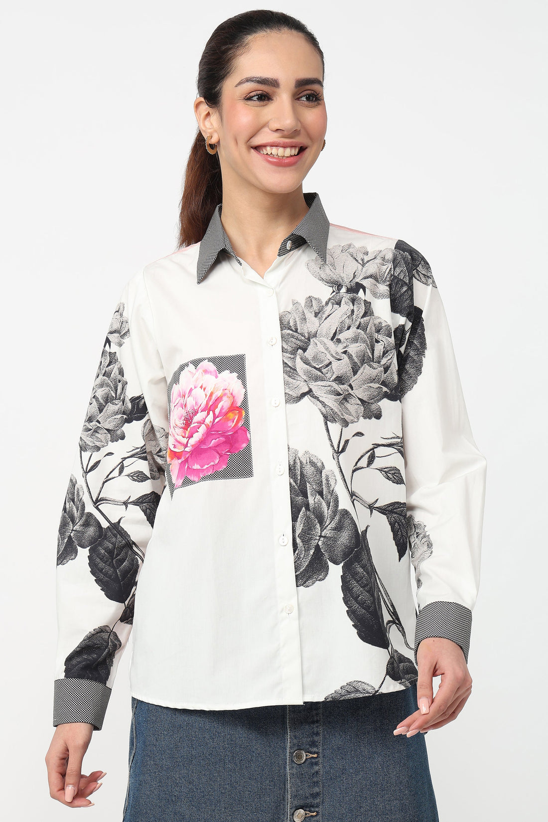 Charcoal Garden printed cotton shirt for women — breathable cotton for Indian weather