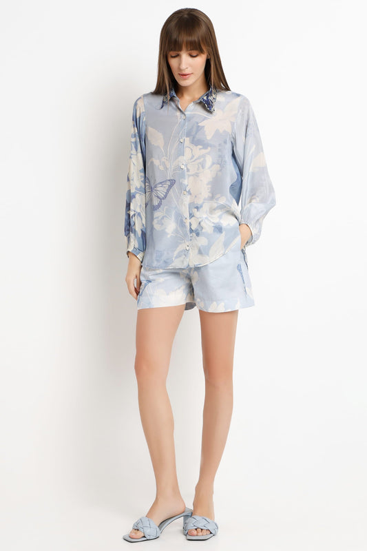 Sky Blossoms printed shirt-and-shorts co-ord set for women by The Print Factory