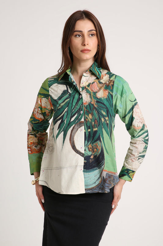 Red-toned printed shirt from The Print Factory styled for Karwa Chauth
