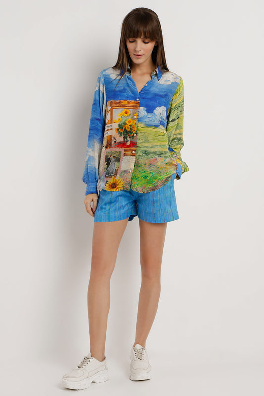 Natural crepe printed shirt from The Print Factory showing the fabric's soft drape