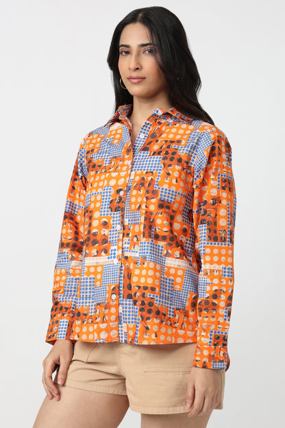 Orange Blue Geometric Print Shirt