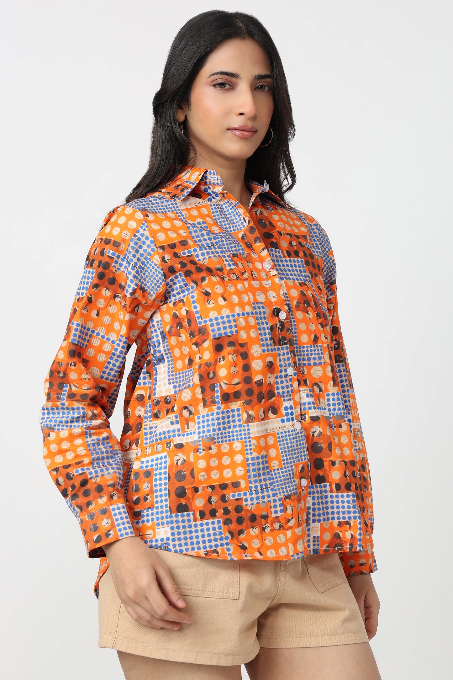 Orange Blue Geometric Print Shirt