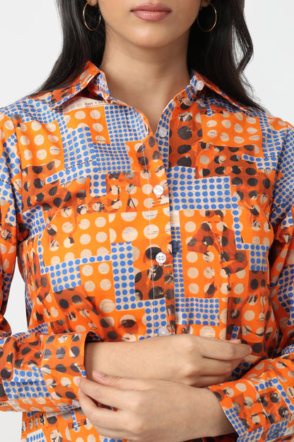 Orange Blue Geometric Print Shirt