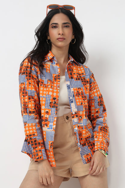 Orange Blue Geometric Print Shirt