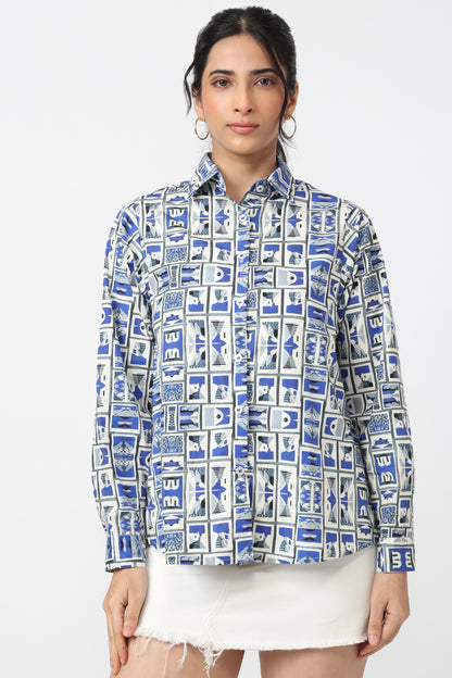 Blue & White Geometric Print Shirt