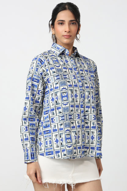 Blue & White Geometric Print Shirt