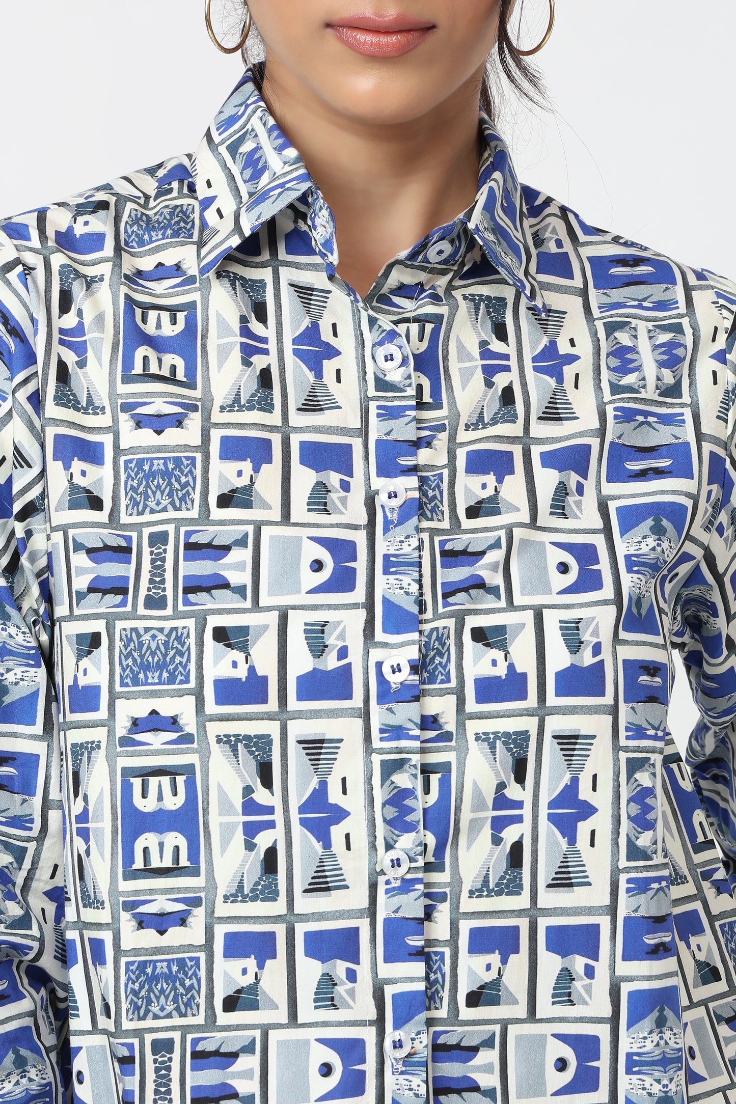 Blue & White Geometric Print Shirt