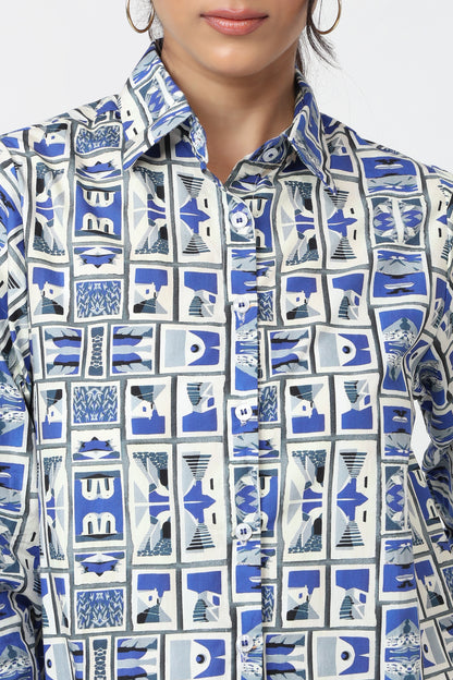 Blue & White Geometric Print Shirt
