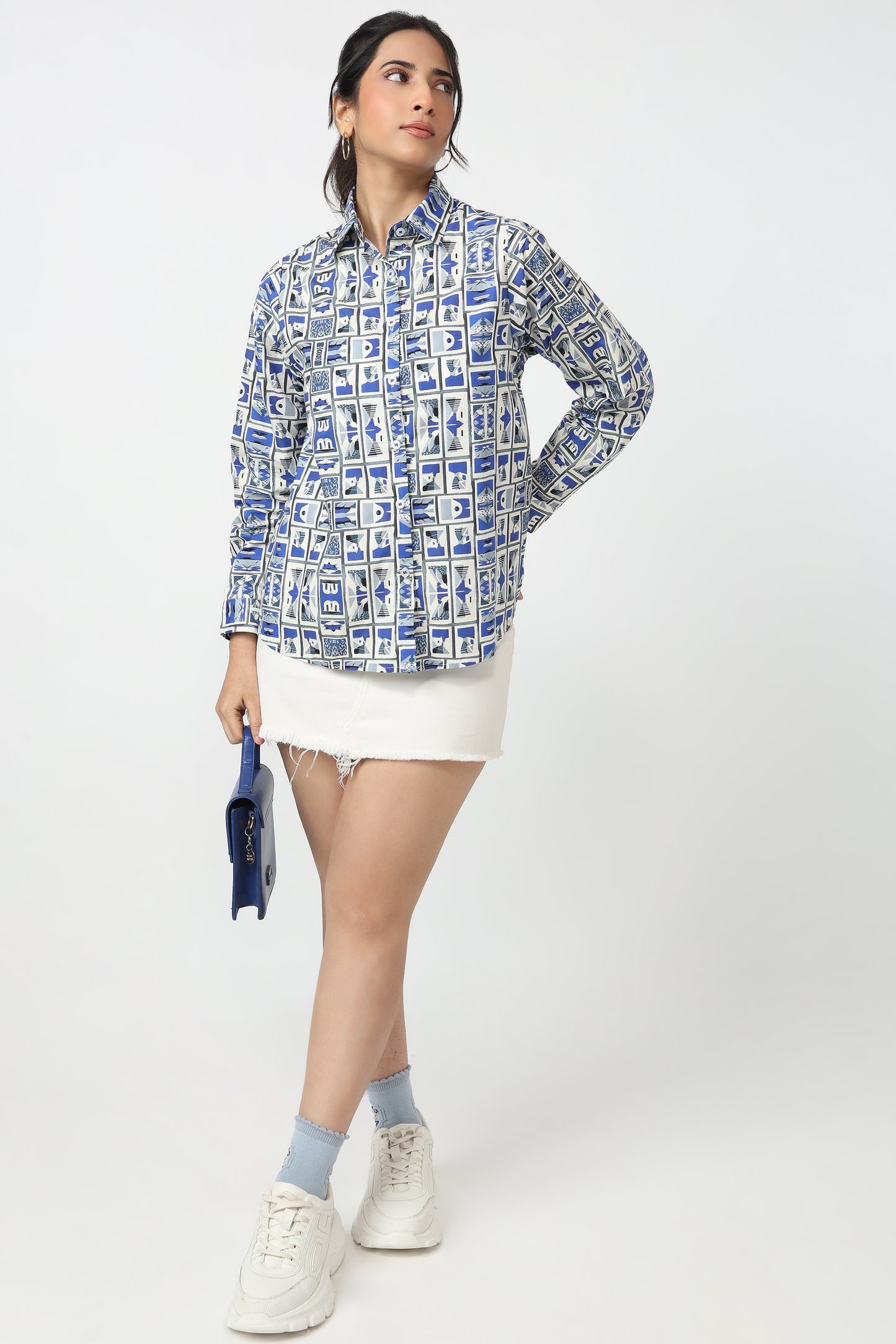 Blue & White Geometric Print Shirt