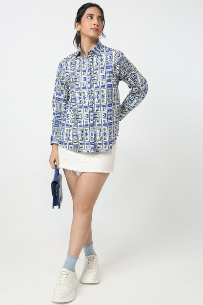 Blue & White Geometric Print Shirt