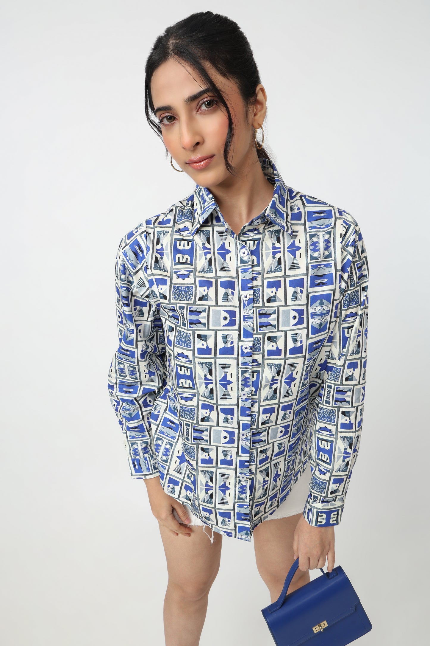 Blue & White Geometric Print Shirt