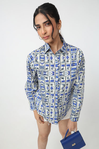 Blue & White Geometric Print Shirt