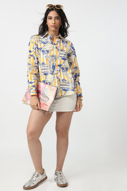 Amalfi Citrus Shirt – women's lemon and blue Amalfi print shirt, front view on model