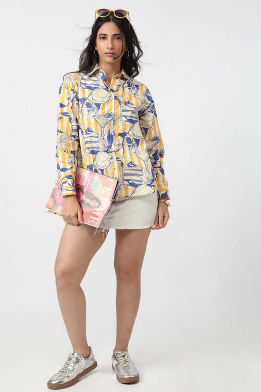 Amalfi Citrus Shirt – women's lemon and blue Amalfi print shirt, front view on model