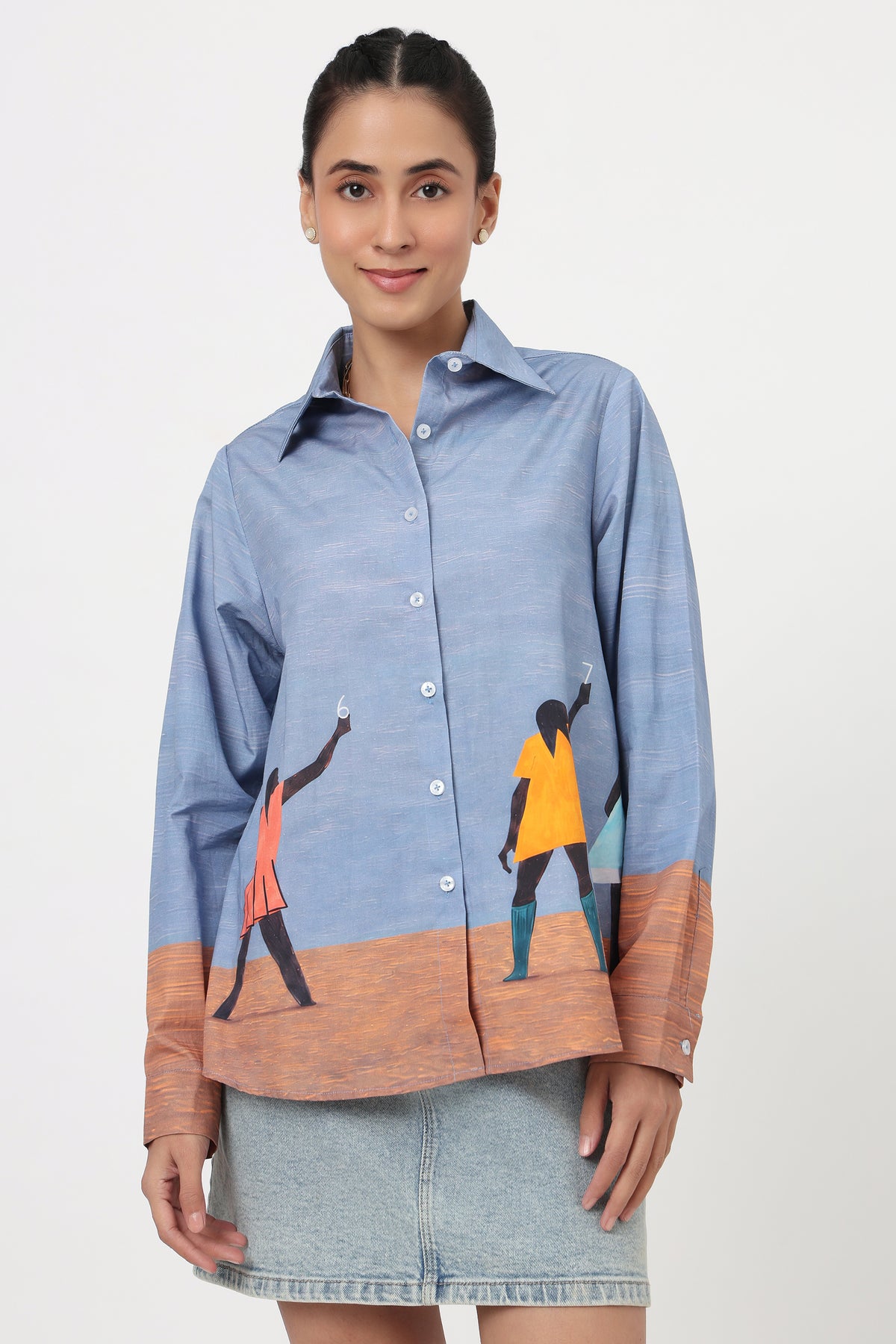 Artistic Figure Printed Blue Shirt