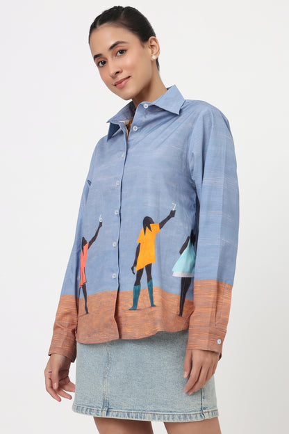 Artistic Figure Printed Blue Shirt