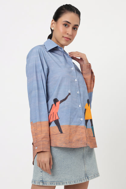 Artistic Figure Printed Blue Shirt