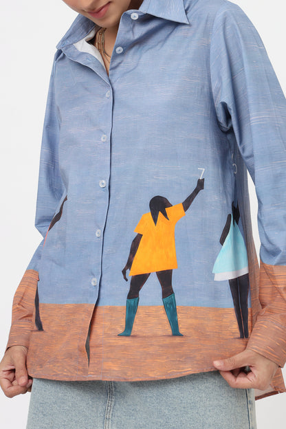 Artistic Figure Printed Blue Shirt