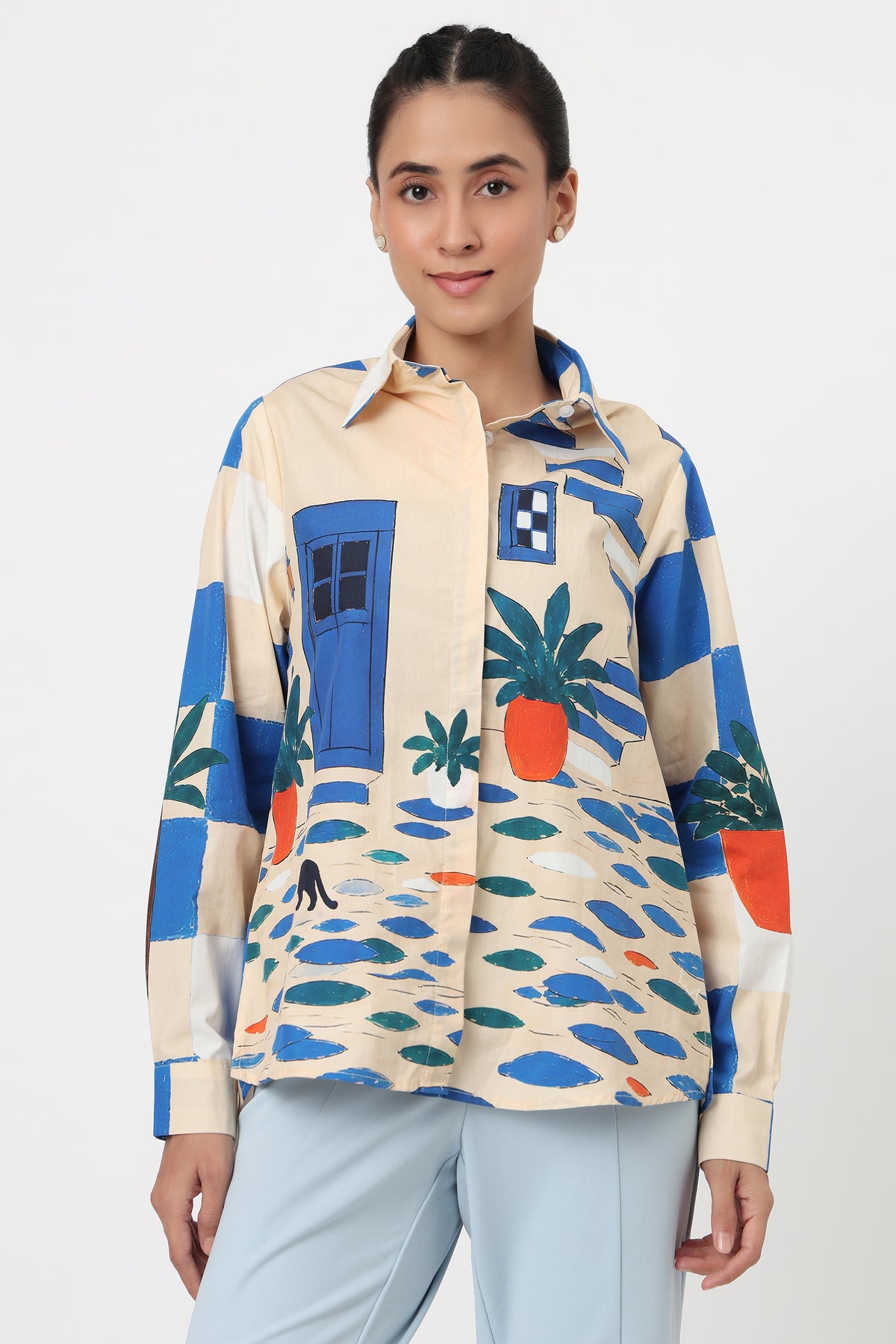 Blue Patchwork Pineapple Printed Shirt