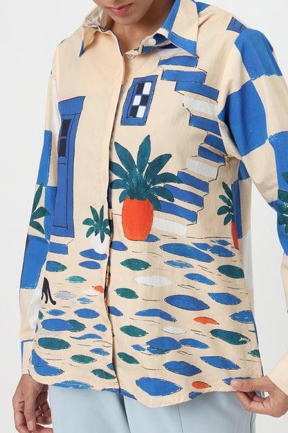 Blue Patchwork Pineapple Printed Shirt