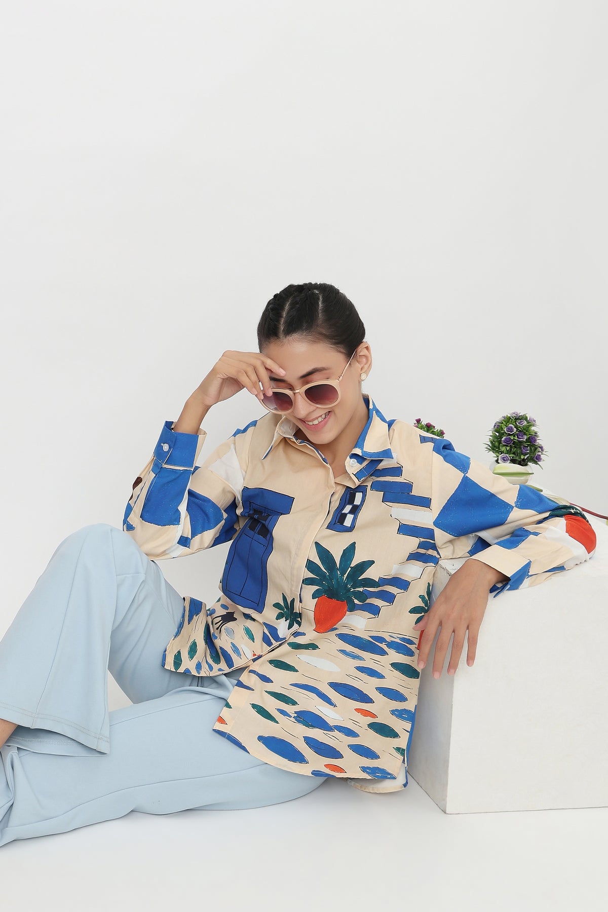 Blue Patchwork Pineapple Printed Shirt