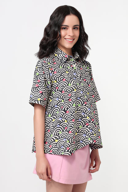 Midnight Bloom Wave Print Shirt