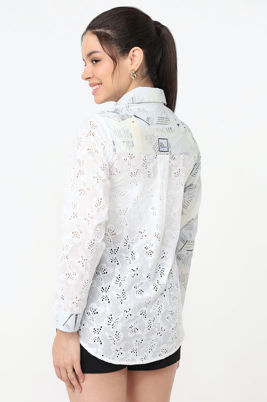 Butterfly Chronicle Shirt – women's Schiffli embroidered butterfly shirt, back view on model