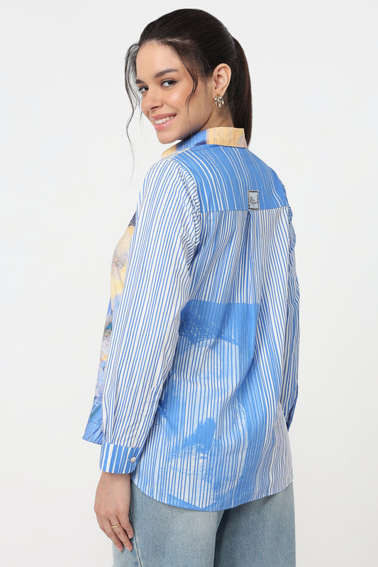 Blue Horizon Shirt – women's blue scenic print shirt, back view on model