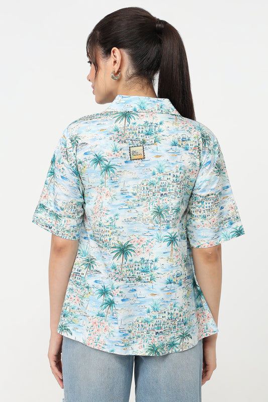 Azure Riviera Shirt – women's mint green printed shirt, back view on model