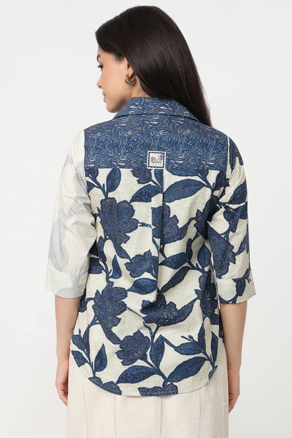 Indigo Bloom Shirt – women's indigo floral print cotton shirt, view 2