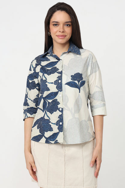 Indigo Bloom Shirt – women's indigo floral print cotton shirt, front view