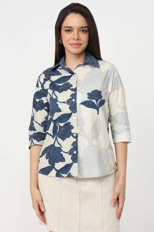 Indigo Bloom Shirt – women's indigo floral print cotton shirt, front view