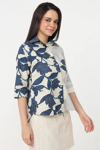 Indigo Bloom Shirt – women's indigo floral print cotton shirt, view 4