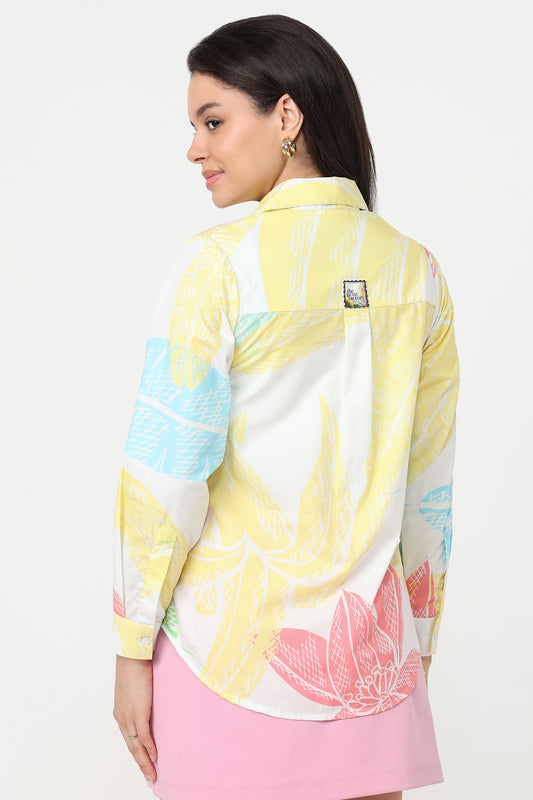 Sunlit Tropics Shirt – women's tropical print cotton shirt, back view on model