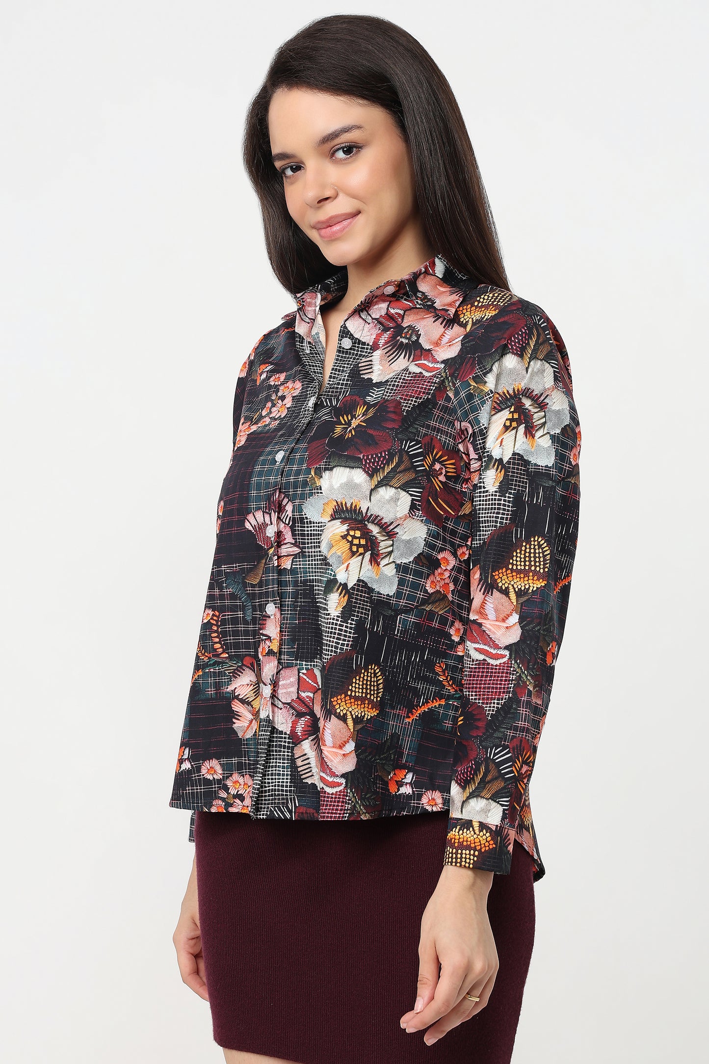 Midnight Floral Shirt – women's dark floral print cotton shirt, view 3