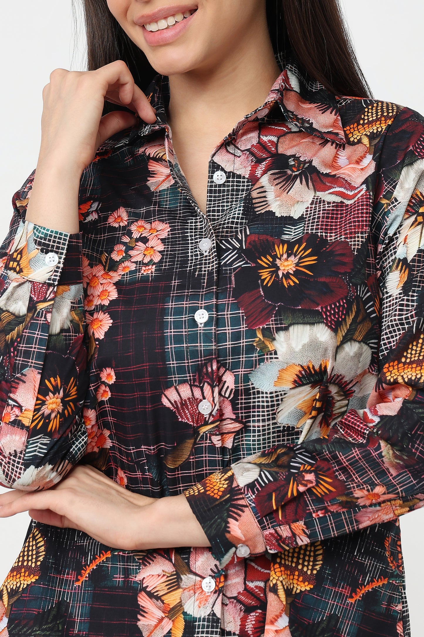Midnight Floral Shirt – women's dark floral print cotton shirt, view 5