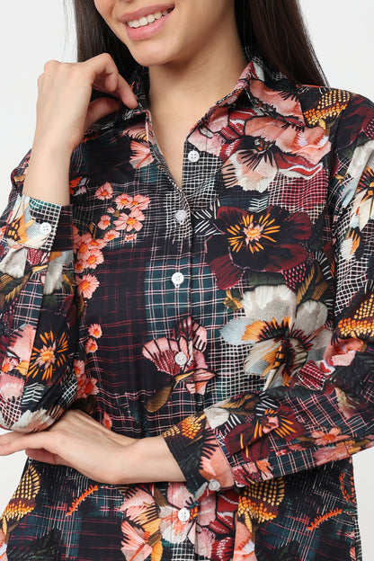 Midnight Floral Shirt – women's dark floral print cotton shirt, view 5