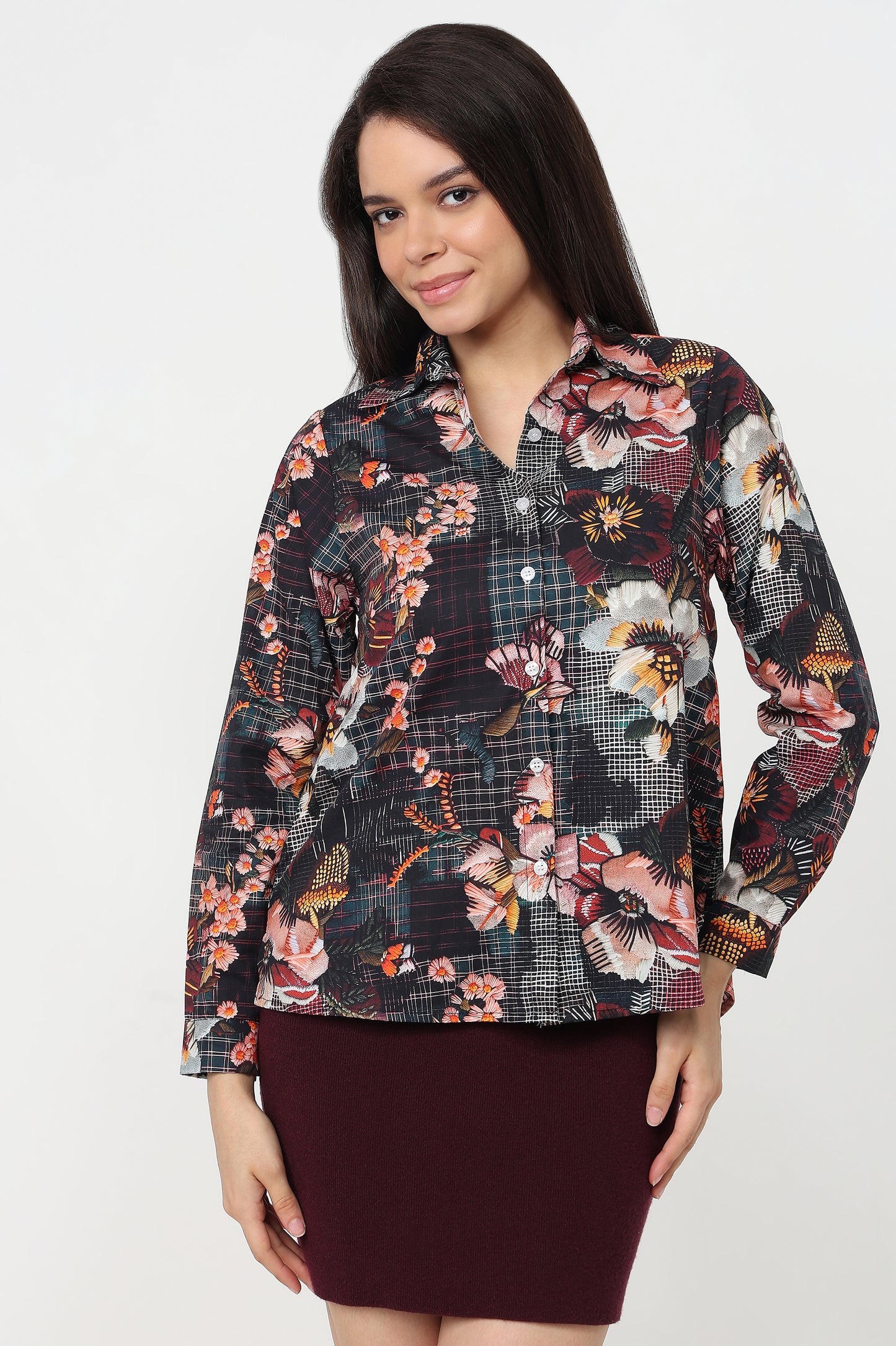 Midnight Floral Shirt – women's dark floral print cotton shirt, view 6