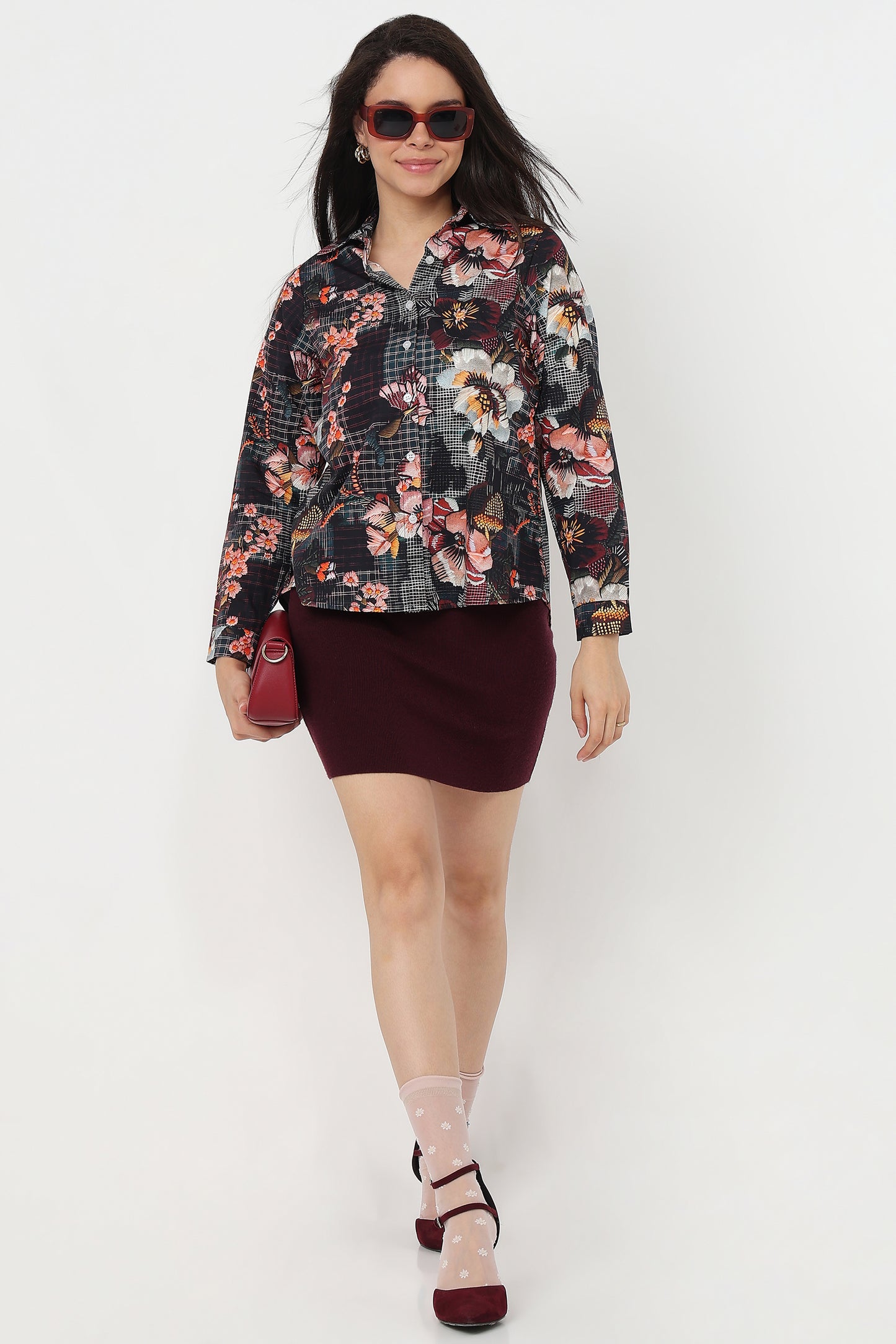 Midnight Floral Shirt – women's dark floral print cotton shirt, view 7