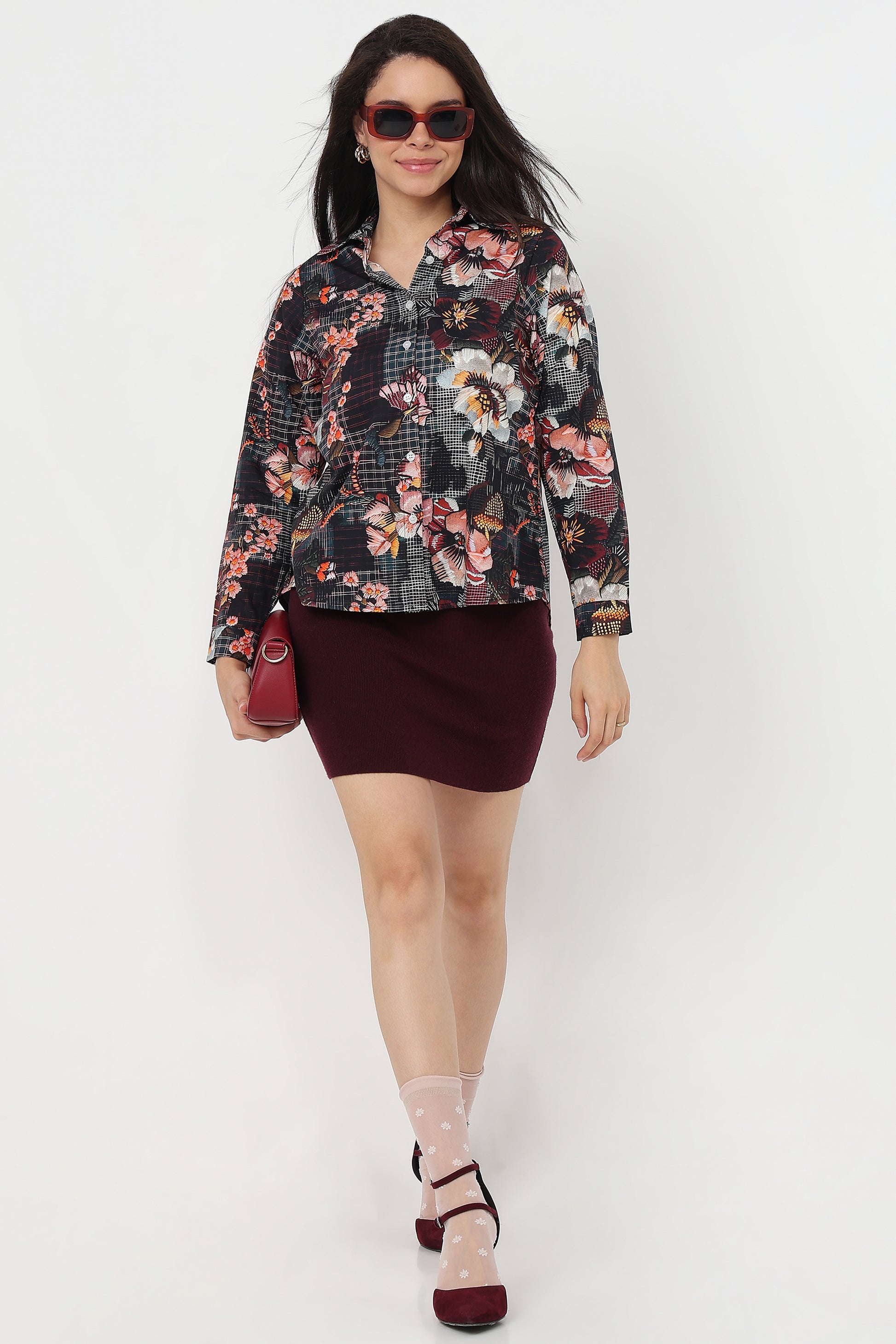 Midnight Floral Shirt – women's dark floral print cotton shirt, view 7