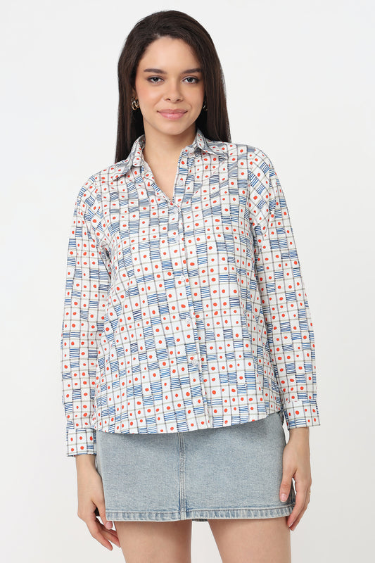 Confetti Check Shirt – women's blue grid check cotton shirt with coral confetti dots, worn by model