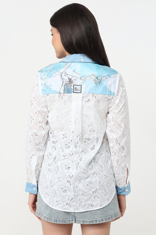 Postcard Escape Shirt – organic cotton shirt with postcard collage print, alternate angle on model