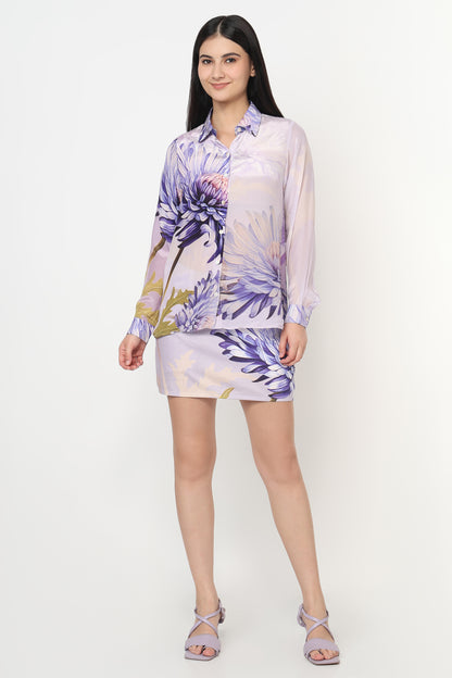 Purple Bloom Printed Shirt With Skort Set
