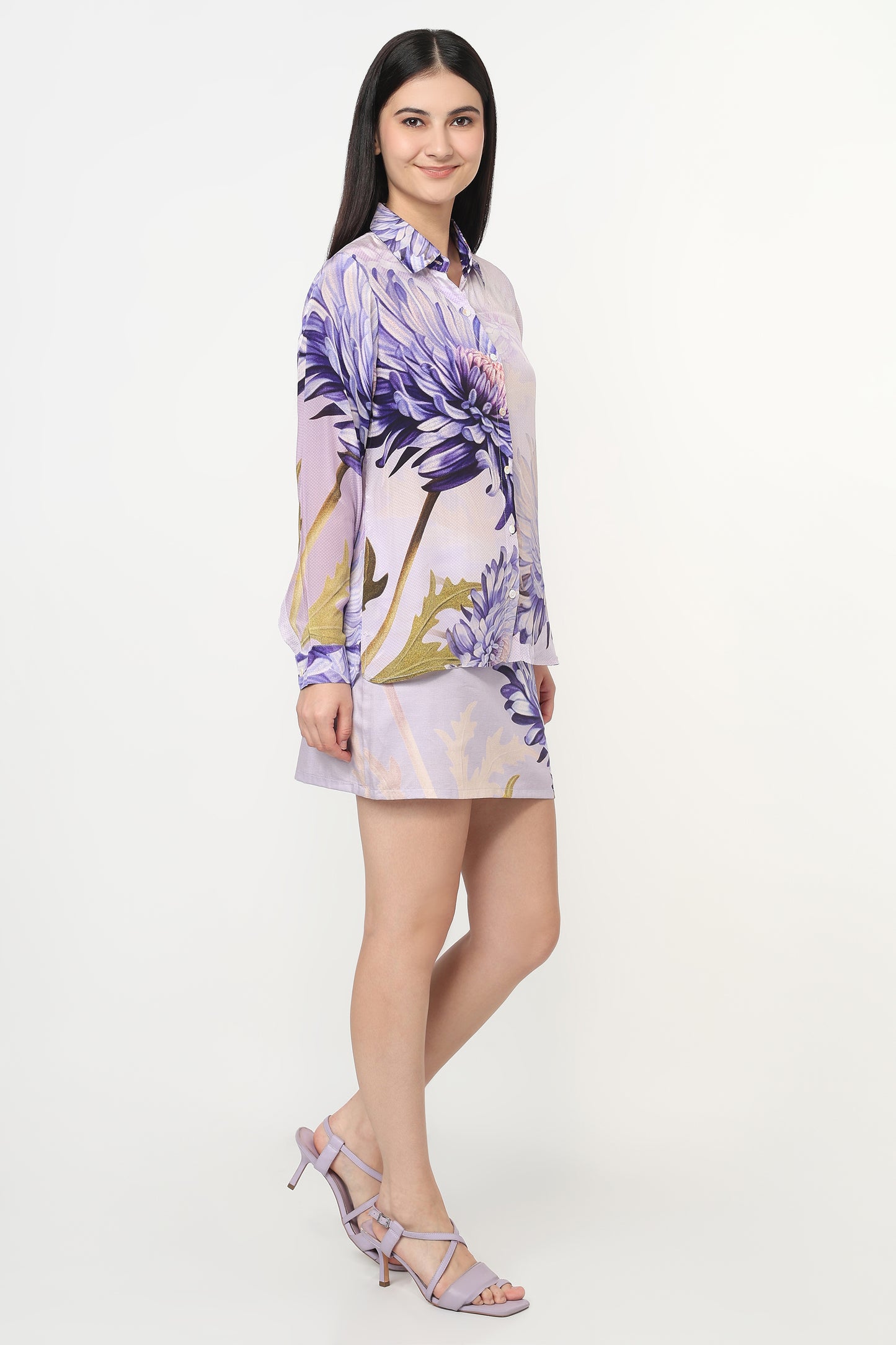 Purple Bloom Printed Shirt With Skort Set