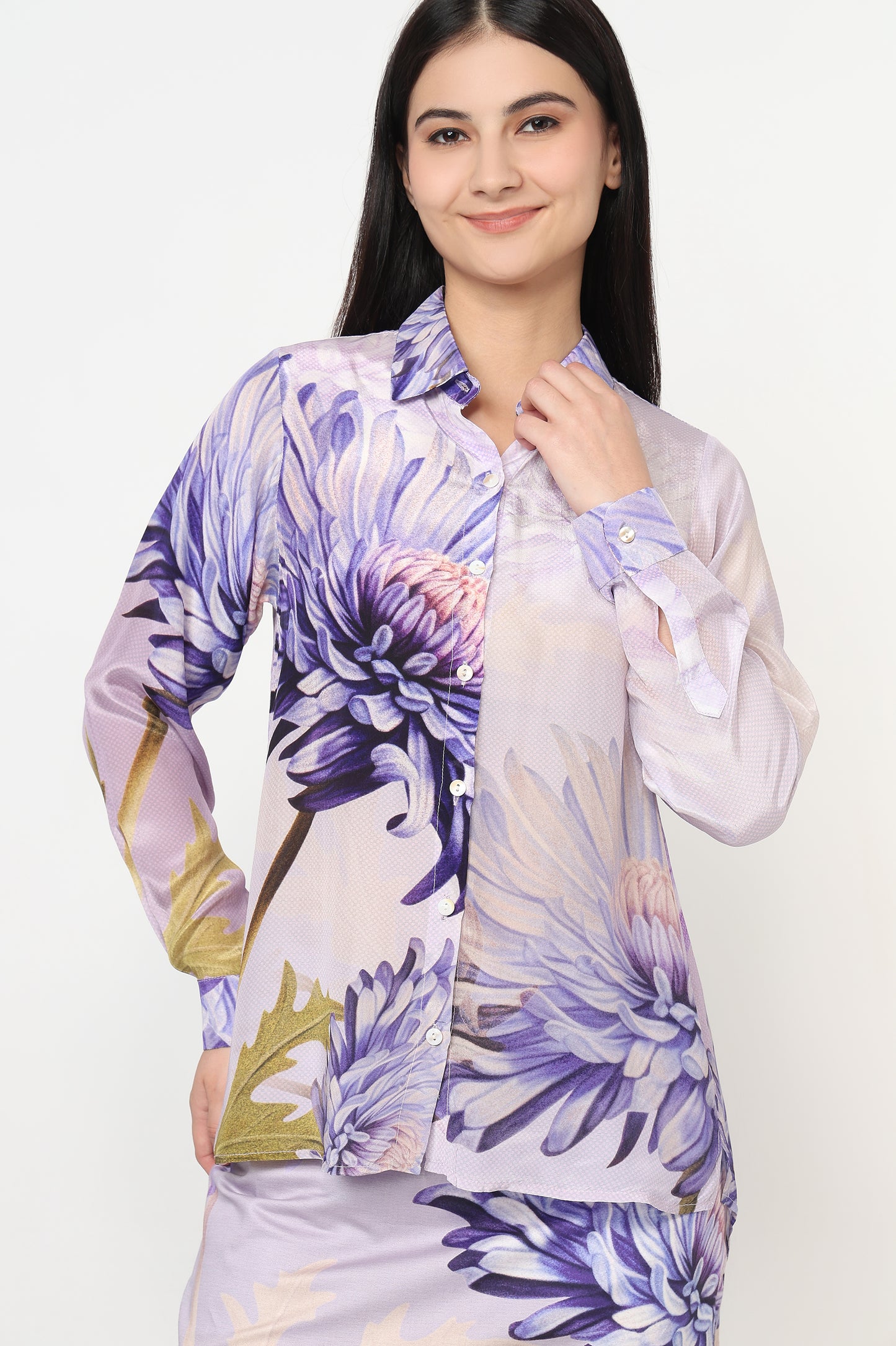 Purple Bloom Printed Shirt With Skort Set