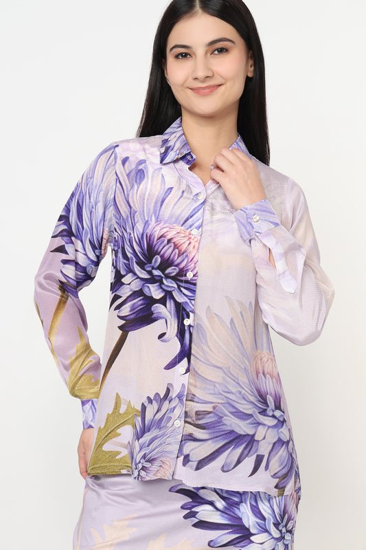 Purple Bloom Printed Shirt With Skort Set – purple floral crepe co-ord for women